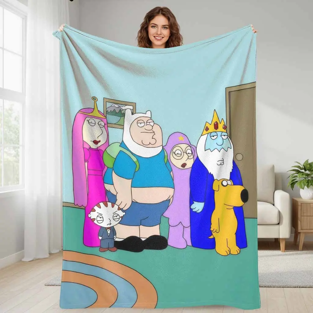 Adventure Time x Family Guy Crossover Characters Flannel Fabric Throw Blanket - Multi-Size, Wrinkle-Resistant, Colorful, Soft, Warm, Lightweight, Long-Lasting Vivid Colors, Fits Most Beds and Sofas, Home & Travel, Indoor/Outdoor, Bedding Gift Option