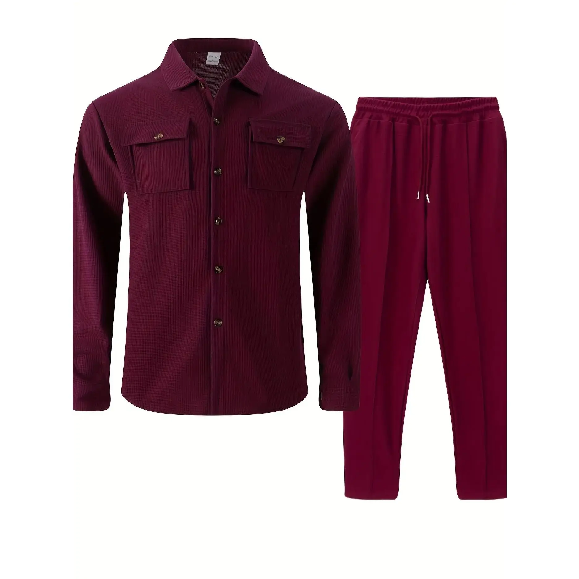 Men's Knit Two Piece Set - Pocket Shirt Jacket And Drawstring Trousers, Urban Smart Casual Outfit cozy men