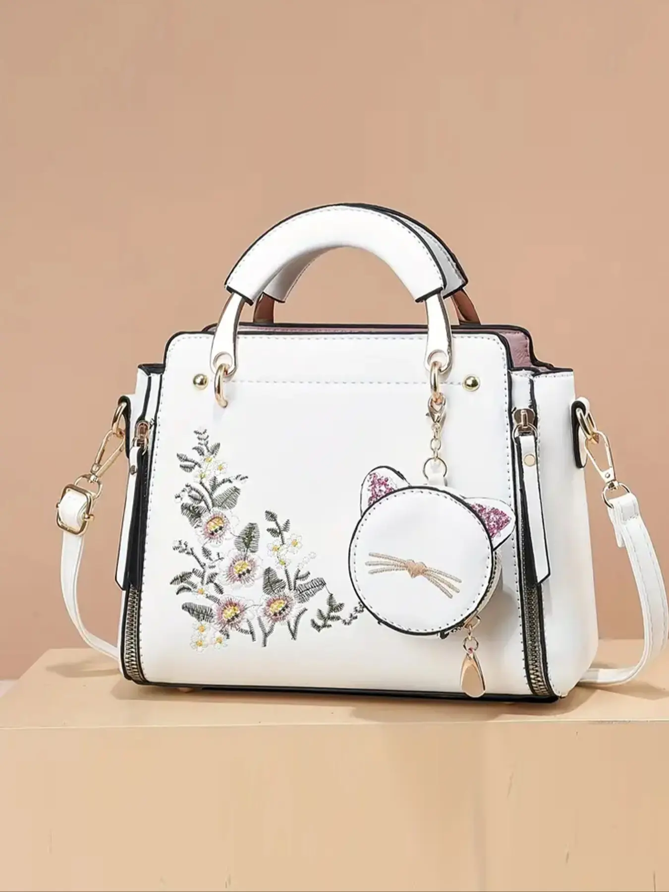 Elegant Embroidered Handbag, Detachable Shoulder Strap Crossbody Bag, Handbag Shoulder Purse, Zip Closure, Floral Pattern, Fashionable Patterned Bag, Perfect Gift for Her, All Seasons, Casual Shoulder Bag