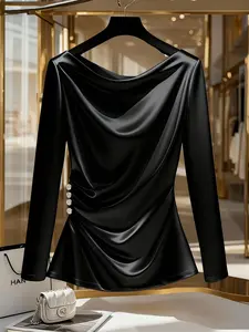 Elegant Satin Blouse with Asymmetrical Shoulder Design, Wrinkled Button Detail, Fitted, Perfect for Commuting and Social Events