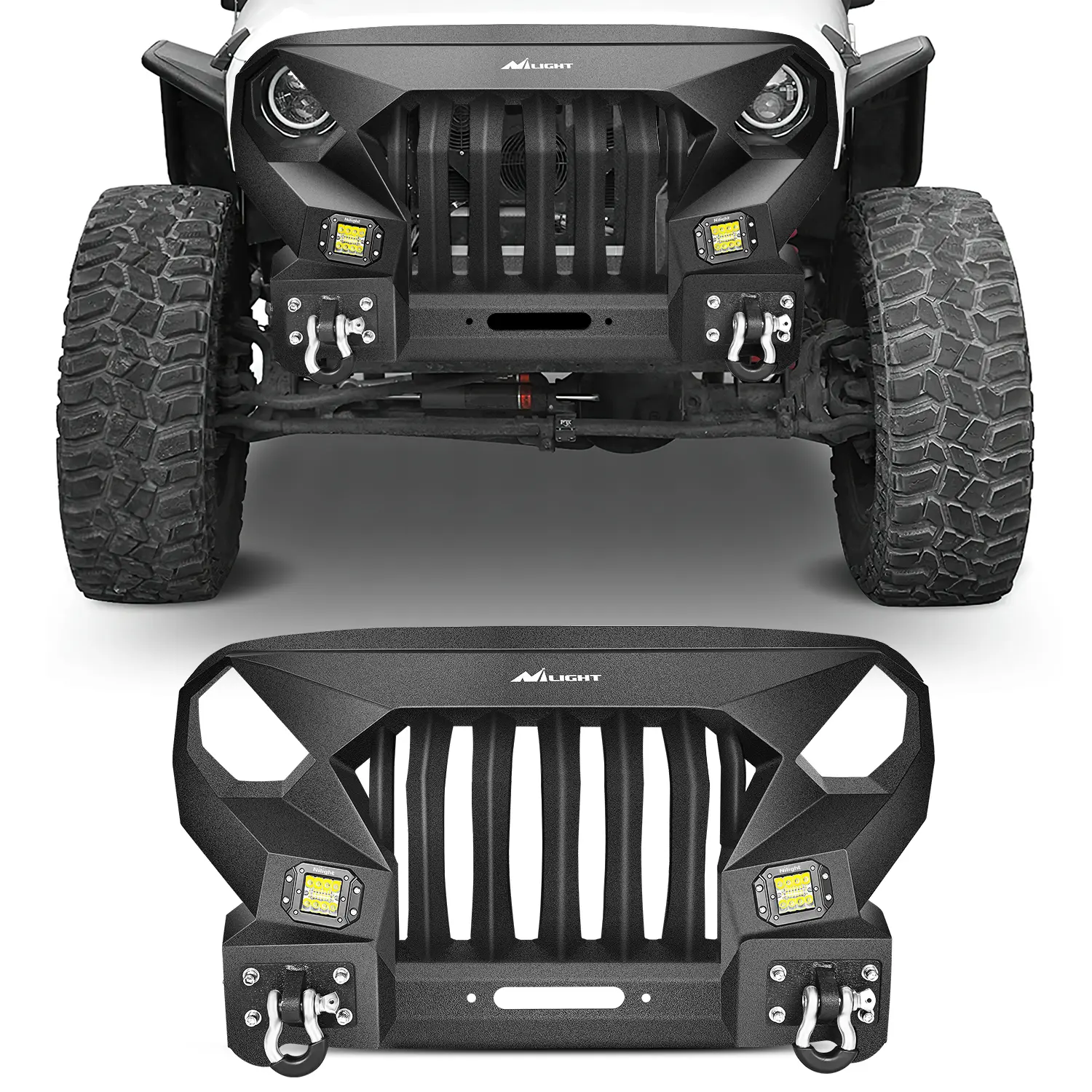 Nilight Front Bumper Grill with Winch Plate & 2x42W LED Work Light Pods - Textured Black Solid Steel, 2"x0.120" Steel Tubing, for 2007-2018 Wrangler JK&Unlimited 2/4 Doors, Off-Road Auto Replacement Body & Frame Part, Car Accessories, Custom Fit, 2" X 0.1
