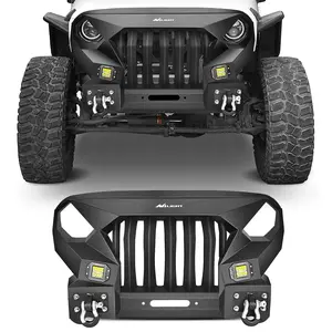 Nilight Front Bumper Grill for 2007-2015 2016 2017 2018 Wrangler JK&Unlimited 2/4 Doors with Winch Plate 2x42w LED Work Light Pods Textured Black Solid Steel Off-Road
