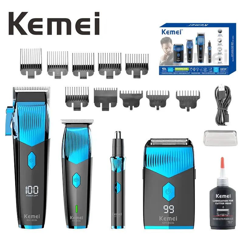 Kemei 8534 Professional Hair Clipper Set with Hair Trimmer Razor and Nose Hair Trimmer for Home Barber Shop Use Ideal Gift