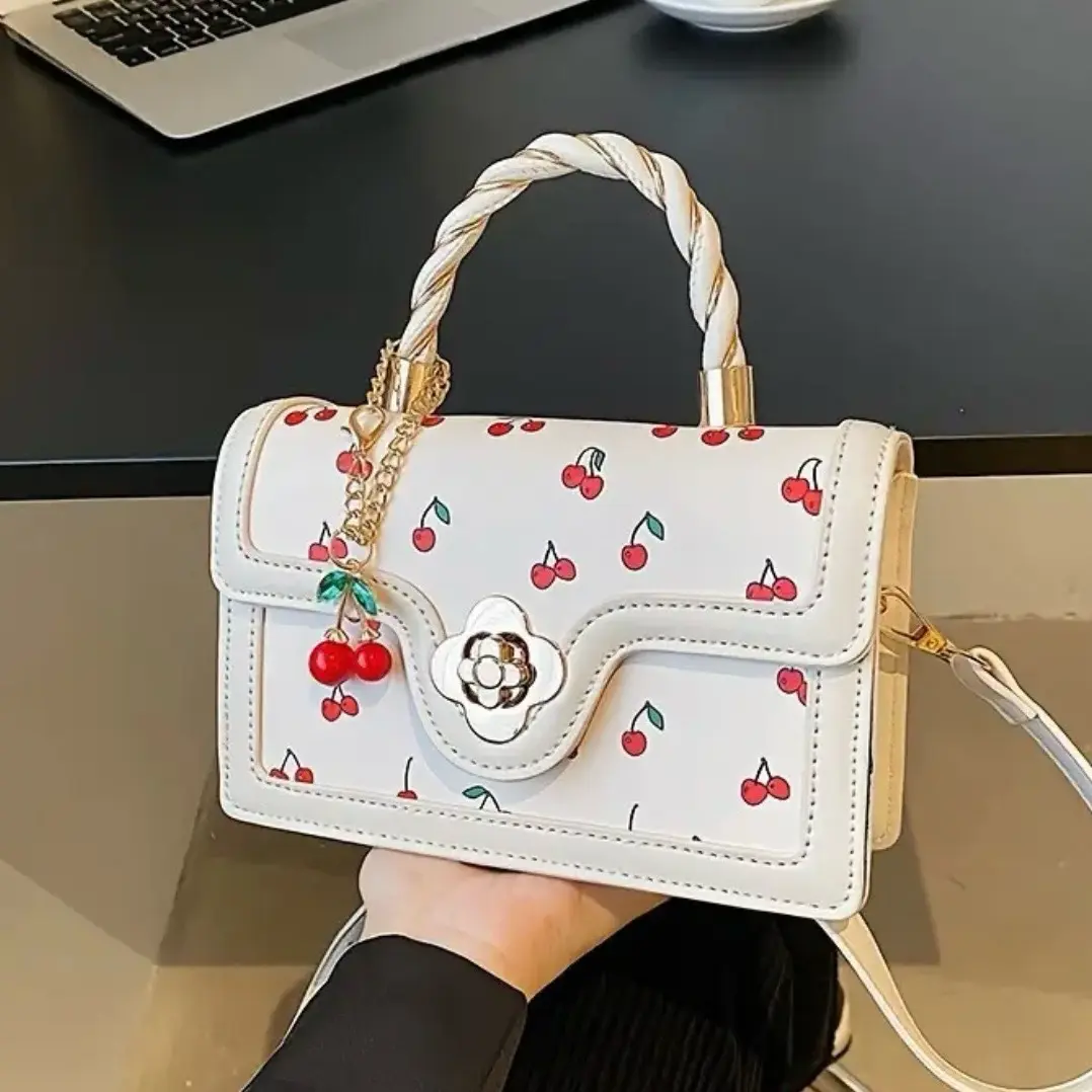 Women's Cherry Print Handbag with Zipper Closure designer bags