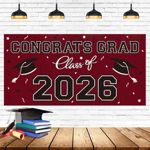2026 Graduation Party Plastic Backdrop - 65" x 32.7" Congrats Grad Banner in Maroon, Large Class of 2026 Decorations, Photography & Grad Party Supplies