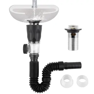 Hibbent Bathroom Sink Drain Kit, Flexible P-Trap Drain Pipe with Pop Up Stopper, Expandable Bathroom Sink Pipe Replacement with 2 Adapters, Fits 1-1/4'', 1-1/2'', 2" Holes, Hair Catcher, Chrome