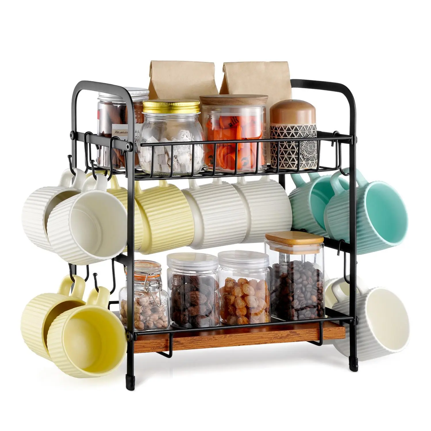 【Summerfinds】VEVOR 2 Tier Coffee Bar Organizer for Countertop,  , Multifunctional Mug Holder and Coffee Station, 12 Movable Hooks and 2 Shelves for Coffee Accessories Storage and Display, Home Office (Matte Black)