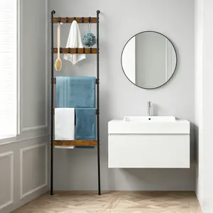 5-Tier Wooden Blanket Ladder with 10 Removable Stainless Steel Hooks, Farmhouse Storage Rack for Living Room, Bedroom, Wall Coat Rack & Towel Bar Organizer
