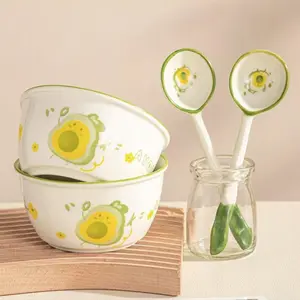 2 Set Cute Avocado Ceramic Bowl Creative Kawaii Hand-painted Ceramic Anti-scald Soup Bowl Home Kitchen Noodle Ramen Tableware Bowl