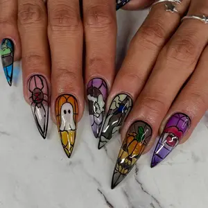 Stained Glass Halloween Press On Nails | Ghost Pumpkin Bat Nail Art | Spooky Cute Fake Nails | Witchy Pumpkin & Ghost Press Ons