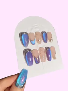 Fairy Galaxy Moon Stars Blue Purple Aurora Cat Eye 3D Painted Art Vibrant Freestyle Swirls Press on Nails Custom Hand-painted Almond Reusable Fake Nails