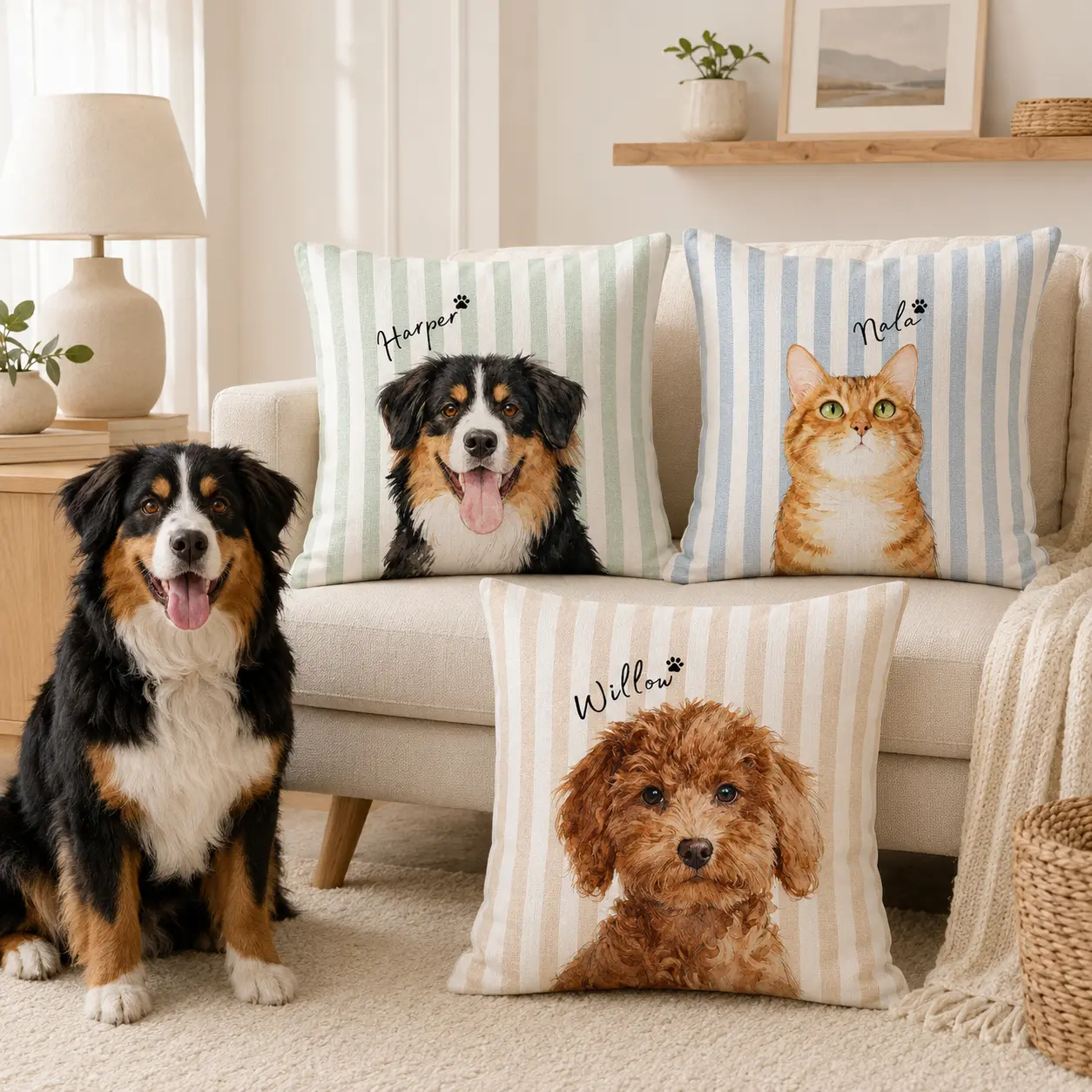 Custom Striped Pet Pillow Using Pet Photo + Name Custom Cat Dog Pillow Personalized Cat Cases Cat Picture Pillow Pet Picture Cushion