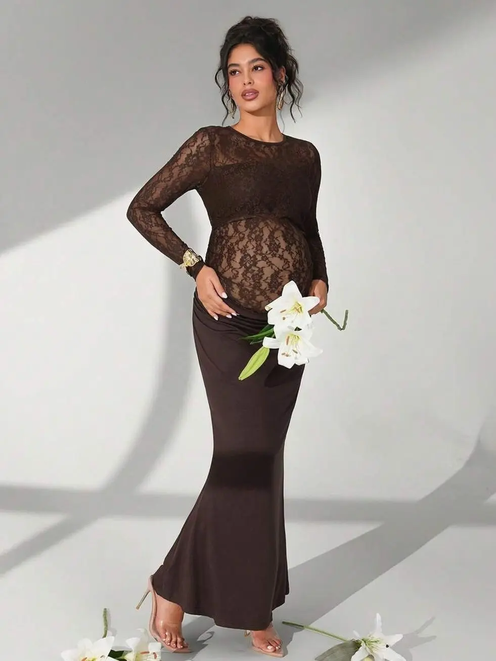Maternity Lace Long Sleeve Ruffle Mermaid Hem Dress, Elegant Solid Color Pregnancy Photography Gown