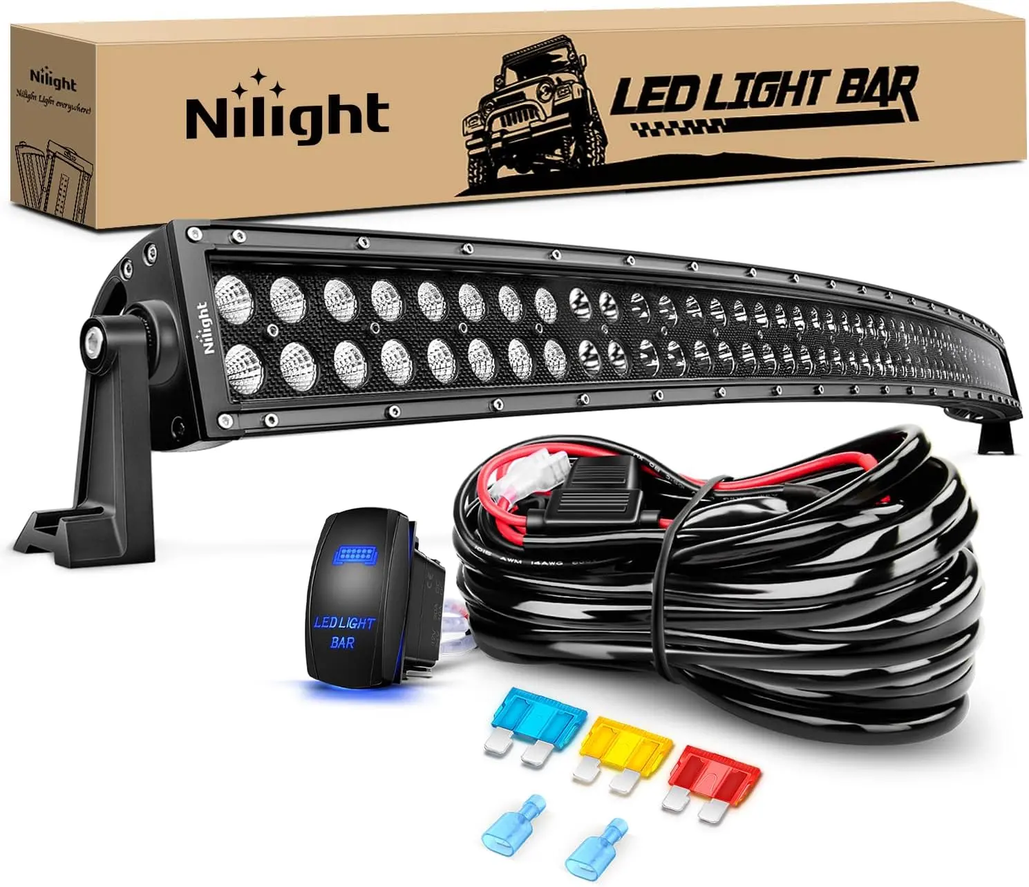 Nilight 50in Curved Spot-Flood Combo LED Off-Road Driving Light Bar, 288W Led Car Lights, 1PC 14AWG 12V Compatible 5-Pin Rocker Switch Wiring Harness Kit, Offroad Light Bars & Work Lights, Blade Fuse With Water Resistant Holder