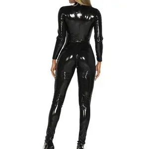 Sexy Form-Fitting Mirror PVC PU Patent Leather Zip-Fly Pants Shiny Leather Jumpsuit Outfit