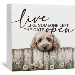 Goldendoodle Wooden Box Sign, Rustic Farmhouse Live Like Someone Left the Gate Open Signs for Home Decor, Farm Dog Office Kitchen Bedroom Decor, Goldendoodle Gifts for Kids Women Men, 5x5 inch