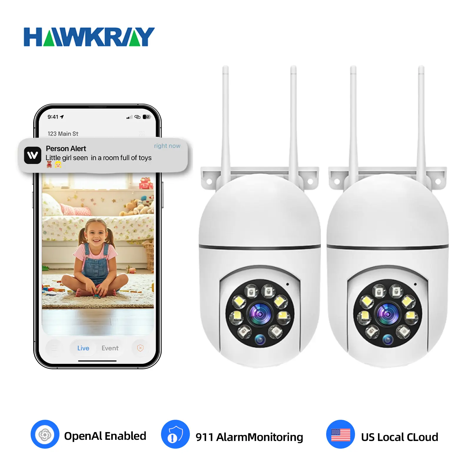 Hawkray AI Security Camera - 1-Key Automatic 911 Alarm, Face Recognition, Mobile Tracking, Day-Night Full Color, Socket-Compatible, Audio Monitoring, Easy Installation, Safety Cord Setup