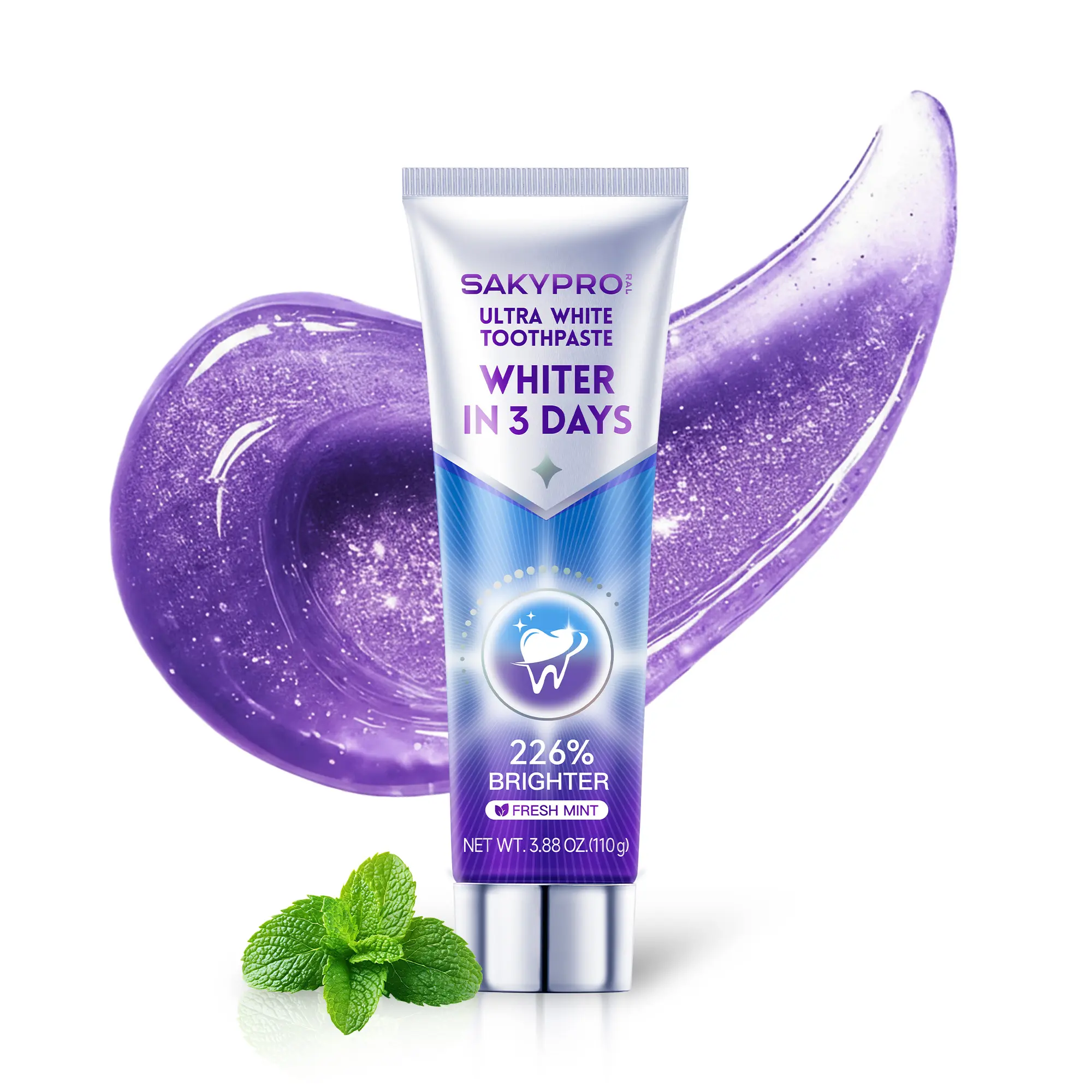 【SAKYPRORAL】 Purple Toothpaste for Ultra Teeth Whitening, Peroxide Free & Fluoride Free, Enamel-Safe for Sensitive Teeth, Instant Brightening, 24-Hour Stain Defense, Fresh Mint, 1 Pack, 3.88 oz