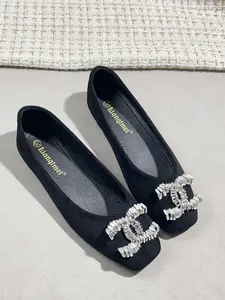 Women's Square Toe Ballet Flats, Slip On Shoes, Luxury Rhinestone C Buckle, Textile Upper, Rubber Sole, All Season Casual Shoes, Comfortable & Stylish
