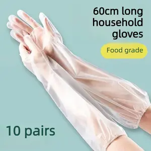 10pairs Disposable Long Sleeve Gloves, 60cm, Thickened, Elastic Cuff, Durable Clear Household Cleaning Gloves