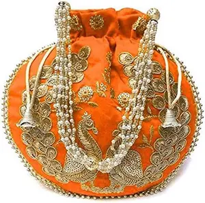 Indian Ethnic Designer Embroidered Silk Potli Bag Batwa  Handle Purse Clutch Purse for Women
