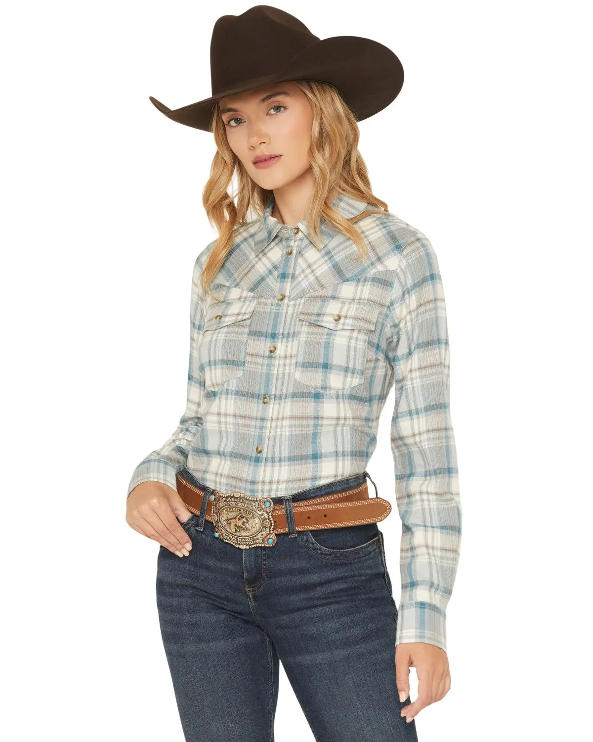 Shyanne Women's Women'S Plaid Print Long Sleeve Button-Down Flannel Shirt - Srfa25w17-Aqu
