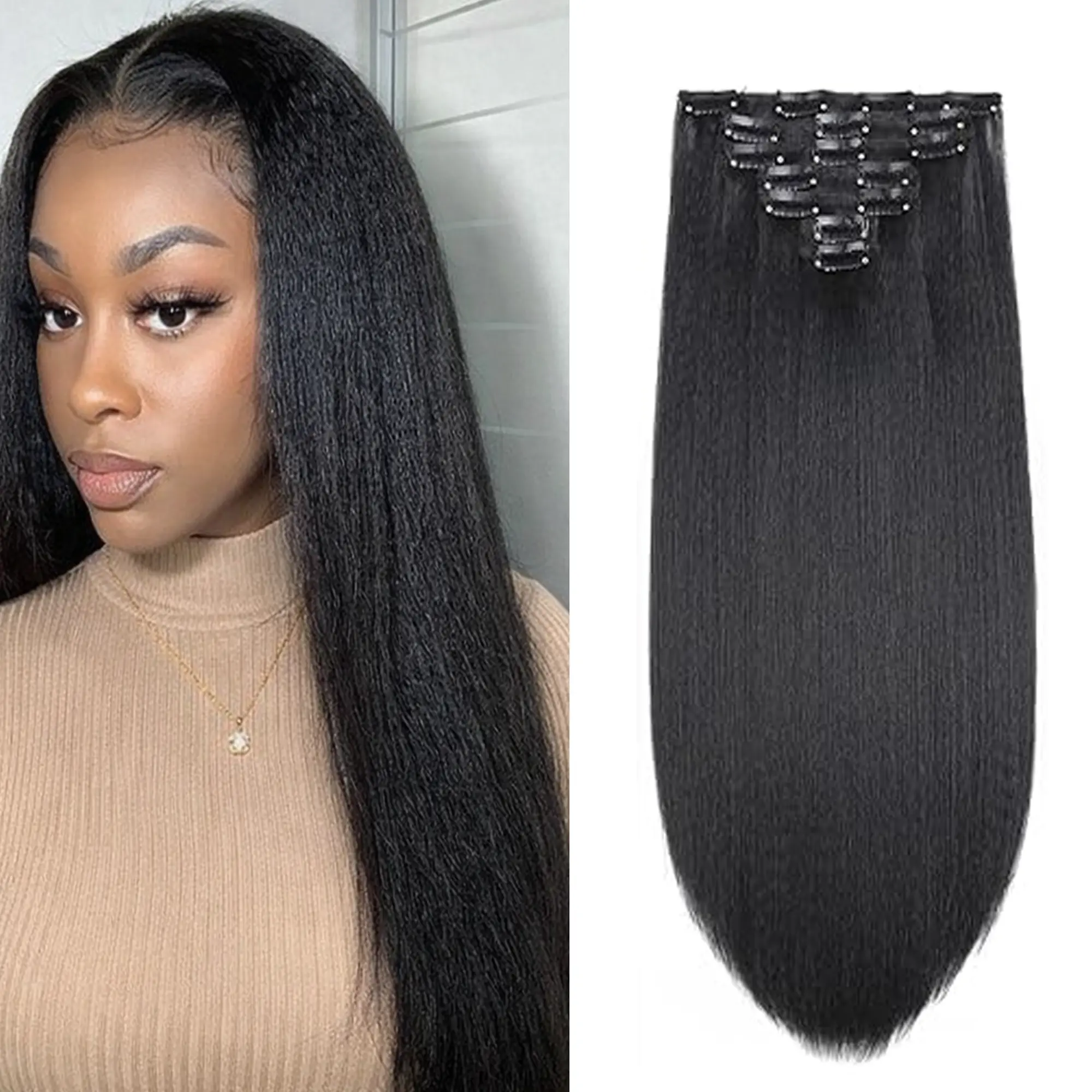 Premium Synthetic Kinky Straight Clip-In Hair Extensions for Black Women, 20Inch 7Pcs/Set Natural Black, Secure Steel Clips, Full Head Yaki Straight Style, Premium Synthetic Hair