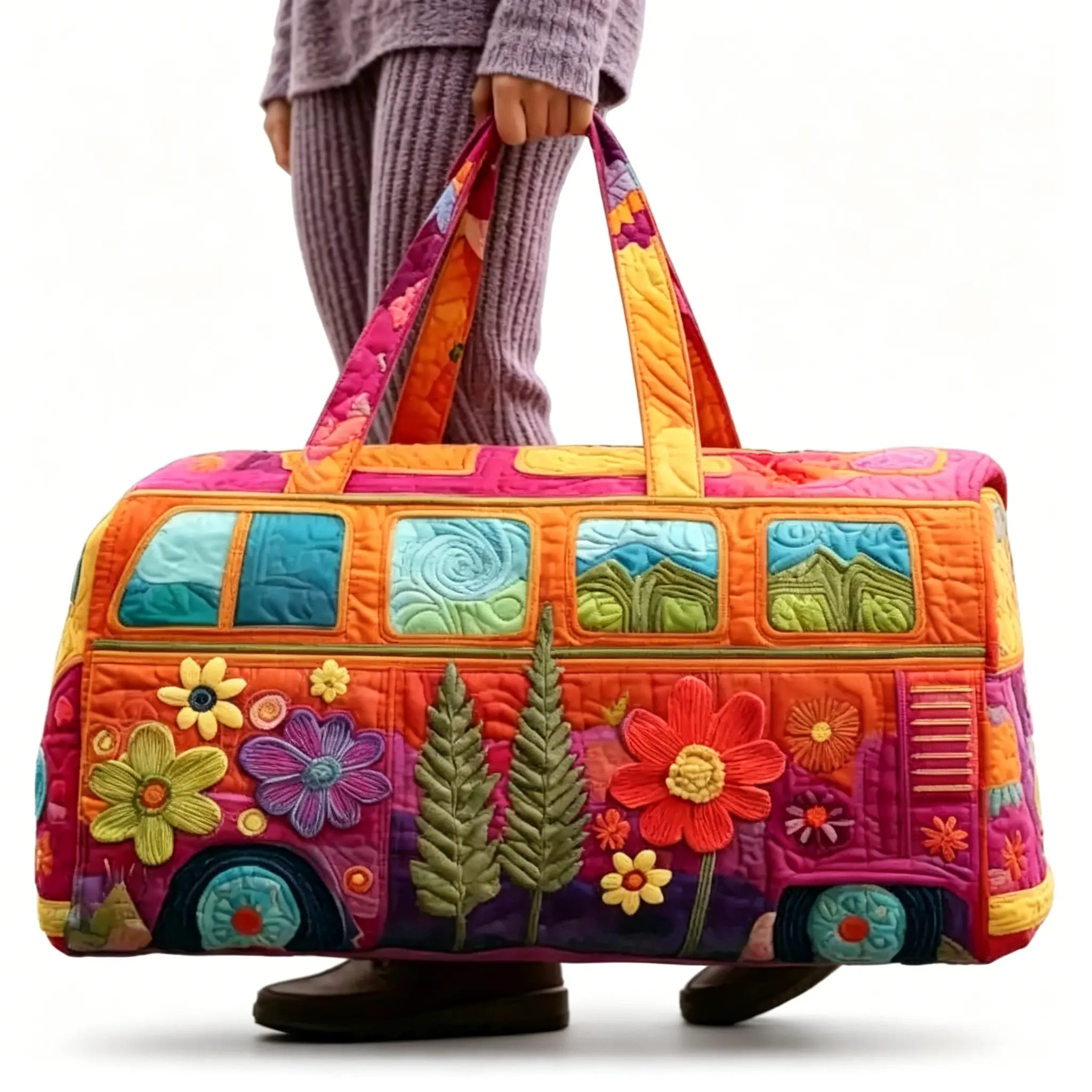 Unisex Boho Quilted Weekender Travel Bag - Bus Shape, Large Space, Lightweight, Comfortable, Hippie-Designed Luggage Bag with Zipper for Short Trips