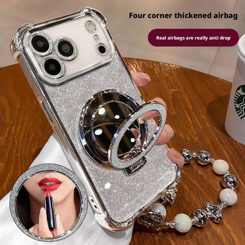 Protective High-End Case for iPhone 17/17 Pro Max - Fine Flash Mirror Bracket, 4-Corner Real Airbag Shockproof Cover, Includes Screen Protector, Mobile Phone Handheld Accessories