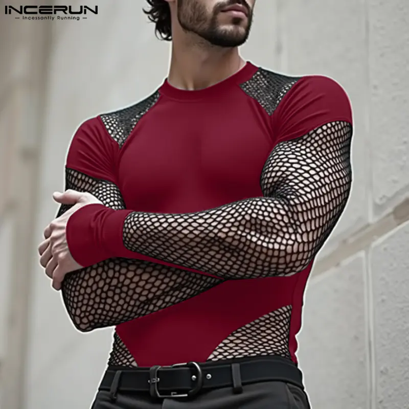 INCERUN Men's Bodysuit, Basic Long Sleeve Muscle Fit Underwear with Contrast Mesh Stitching, Round Neck Polyester Casual Wear