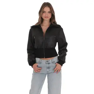 Cinched Faux Leather Bomber Jacket in Black