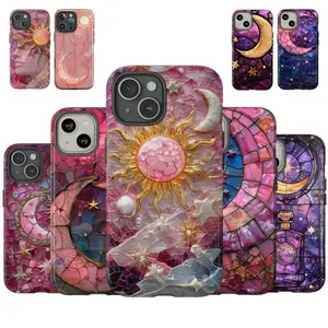 Pink Celestial Sun Moon Stars and Stars Clouds Phone Case, Faux Stained Glass Aesthetic For iPhone 11-17
