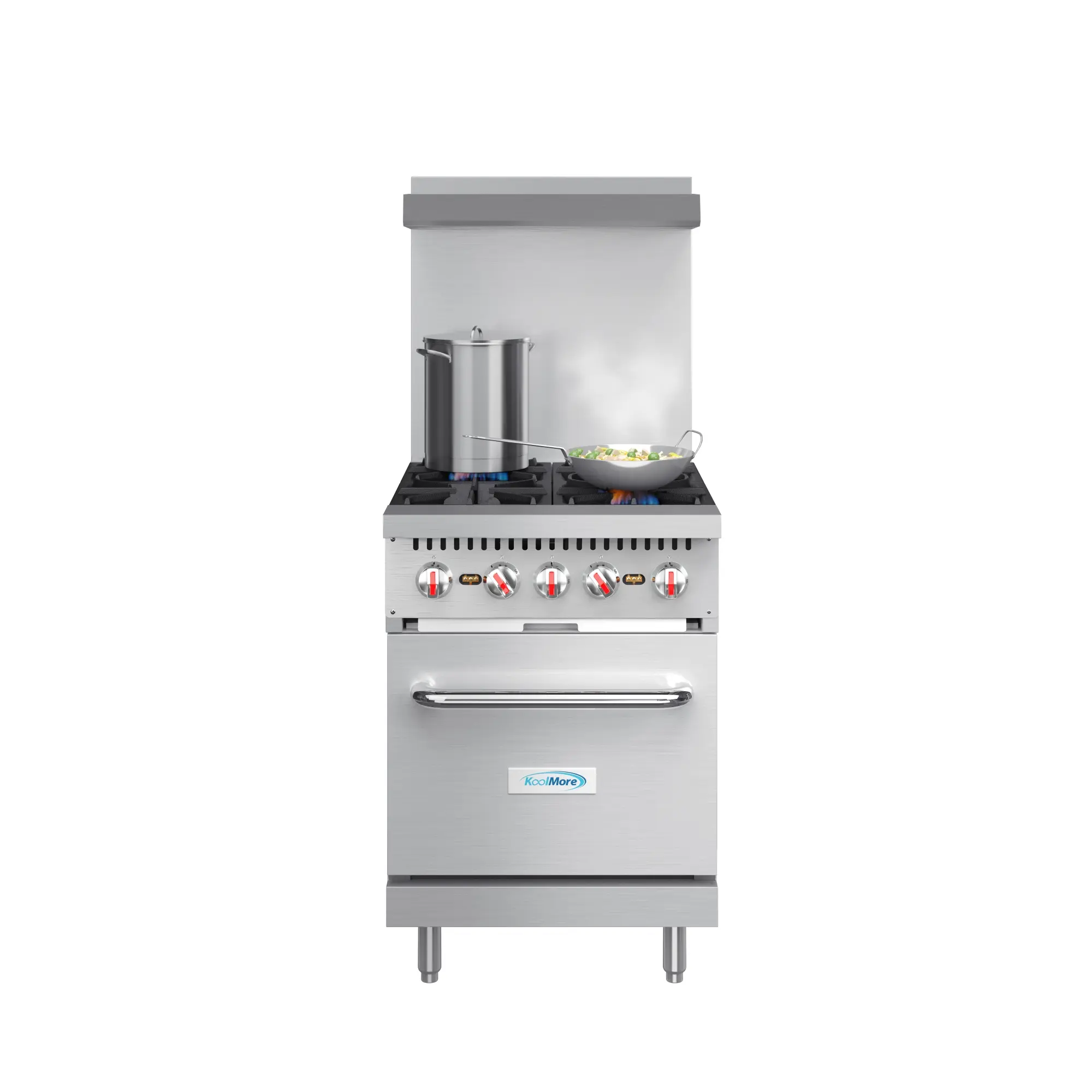 24 in. Open-Top 4-Burner High-Performance Commercial Liquid Propane Range with Easy-Clean Stainless-Steel Build, Large Shelf & Optional Caster Wheels (KM-CR24-LP), Lead