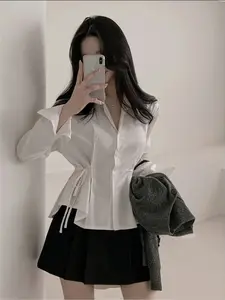Women's Elegant Long Sleeve Woven Fabric Shirt Blouse Top with Waist Tie and Buttons, Office Wear for All Seasons, Daily Commuter Style, Casual