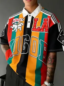 Unisex Street Style American Short Polo Shirt, Striped Polo Shirt, Summer Wear, Ideal for World Cup Football Support, Trendy Casual