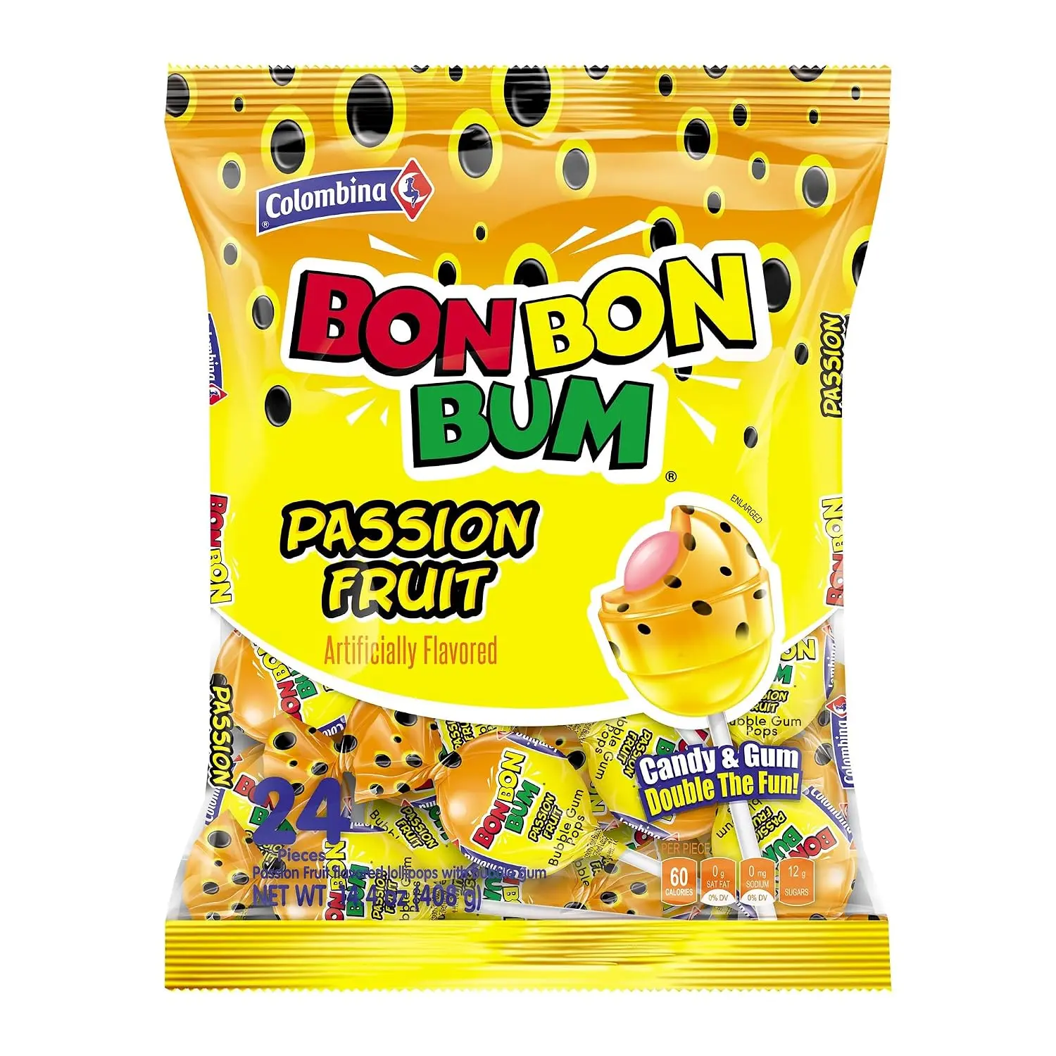 Colombina Bon Bon Bum Passion Fruit Lollipops, Tropical Fruit Hard Candy, Individually Wrapped Candy Pops for Parties, Candy Bowl Refill, Office or Classroom Rewards, 24 Count