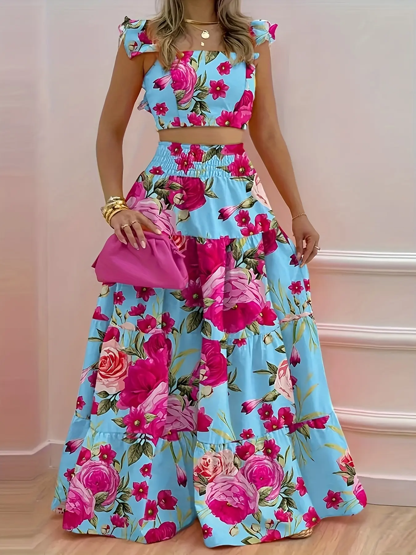 Women's Summer Korean Style Loose Fit Two-Piece Set, High-Waisted Slimming Maxi Dress, Blue Base Floral Rose Color Block Design
