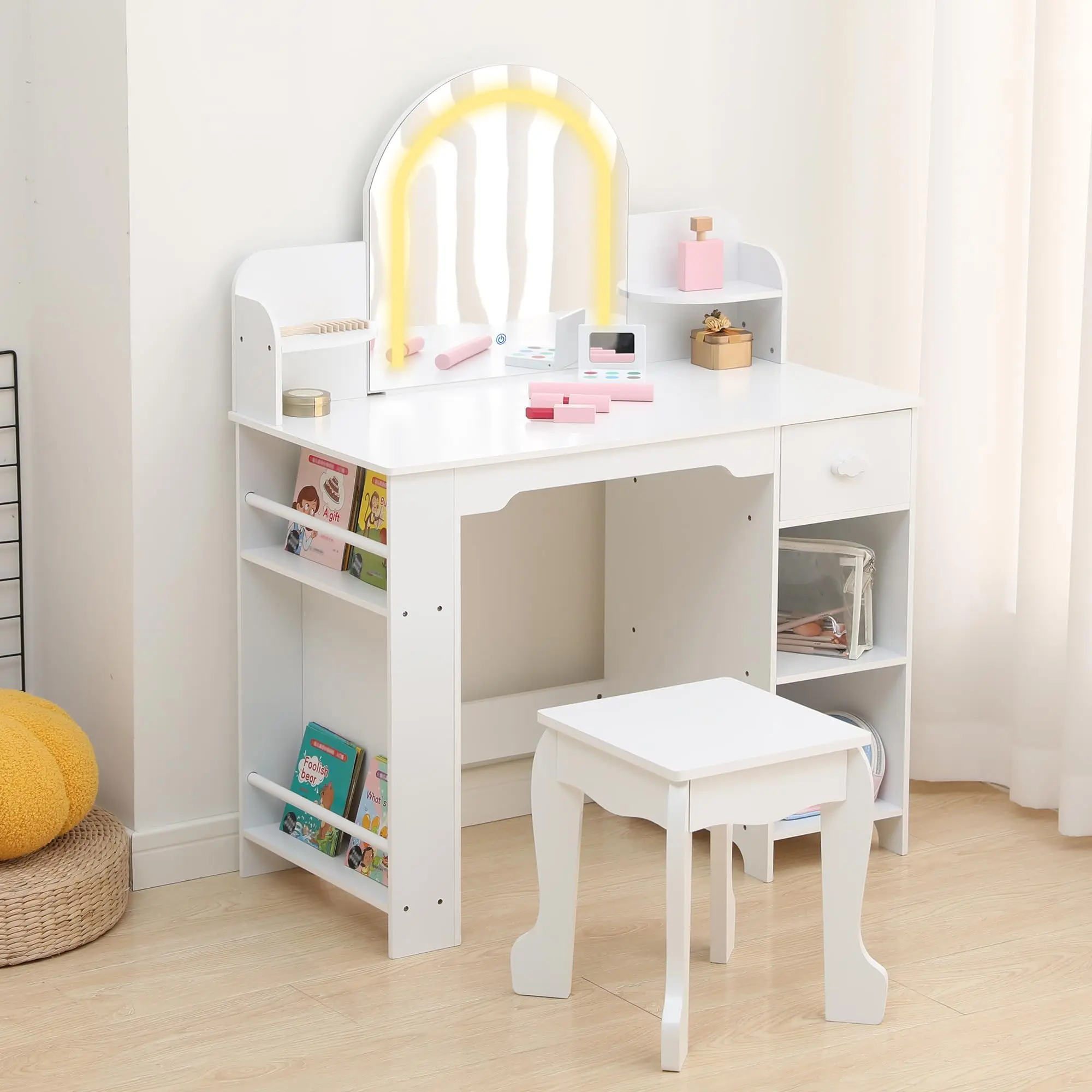 Garvee Kinder Schminktisch mit LED-Spiegel & Hocker – Holz Frisiertisch für Mädchen mit Regal, Schublade & Ablagen – Inkl. Zubehör – Perfekt für Kinderzimmer – Weiß mit Zubehör