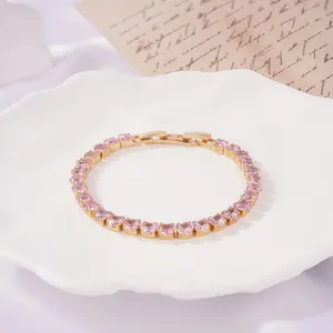 MINDEKA 14K Gold Plated 4mm Heart-Shaped Cubic Zirconia Classic Tennis Bracelet,Gold Bracelets for Women Delicate Pink Gemstone Bracelet for Women | Size 6.7-7.5 Inch