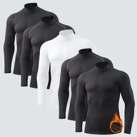 Veldtholos Men's 5-Piece Thermal Menswear Underwear Sets, Compression Fit Full-Length Fleece-Lined Base Layer Tops, Mock Neck Matching Set for Camping Winter Sports
