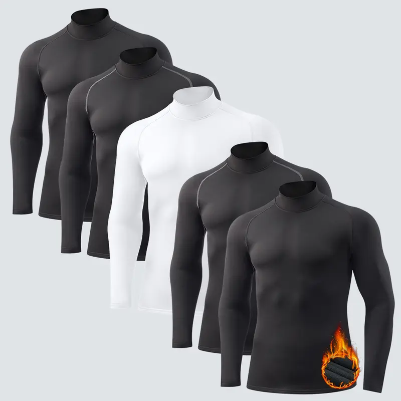 Veldtholos Men's 5-Piece Thermal Menswear Underwear Sets, Compression Fit Full-Length Fleece-Lined Base Layer Tops, Mock Neck Matching Set for Camping Winter Sports