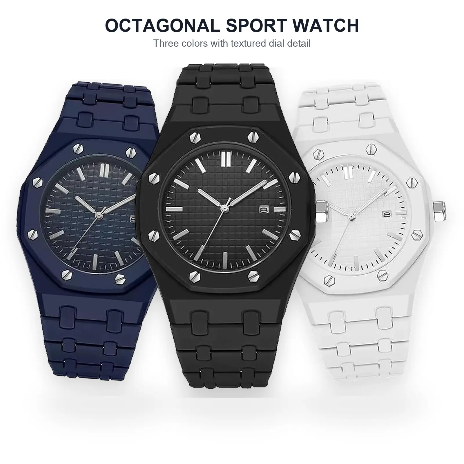 Men's Octagonal Analog Display Wrist Watch - Textured Dial, Linked Strap, Sport-Dress Style, Navy Black & White Options, Men's Accessories