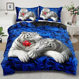 2/3pcs White Tiger Duvet Cover Set, Soft and Comfortable, Decorative Duvet Cover, Tiger Rose Rose Duvet Cover Set, Extra Large, Large, Red Blue Rose Flower Bedding Set, for Bedroom (1*Duvet Cover + 1/2*Pillowcase, Bedroom Decor, Bedroom Essentials
