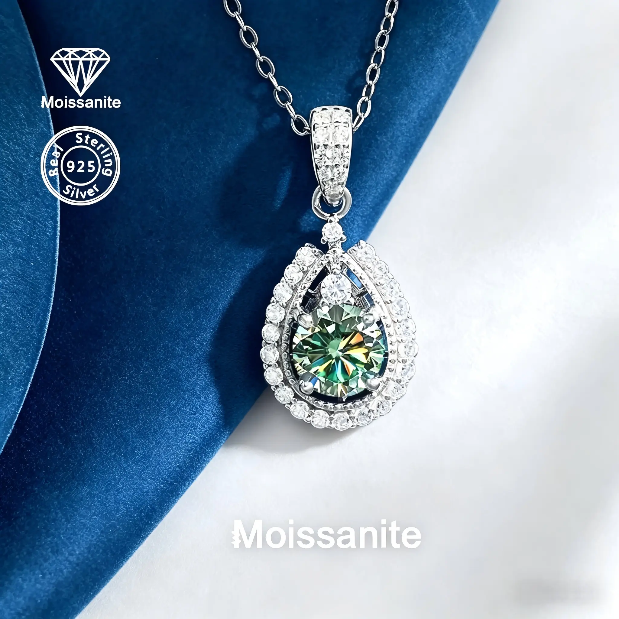 Teal Moissanite Necklace, 1 Carat Waterdrop Pendant in 925 Silver, Glamor Bridal Style Jewelry for Women, Meaningful Anniversary Gift, Moissanite Necklaces, Meaningful Gifts, Bridal Style Necklaces