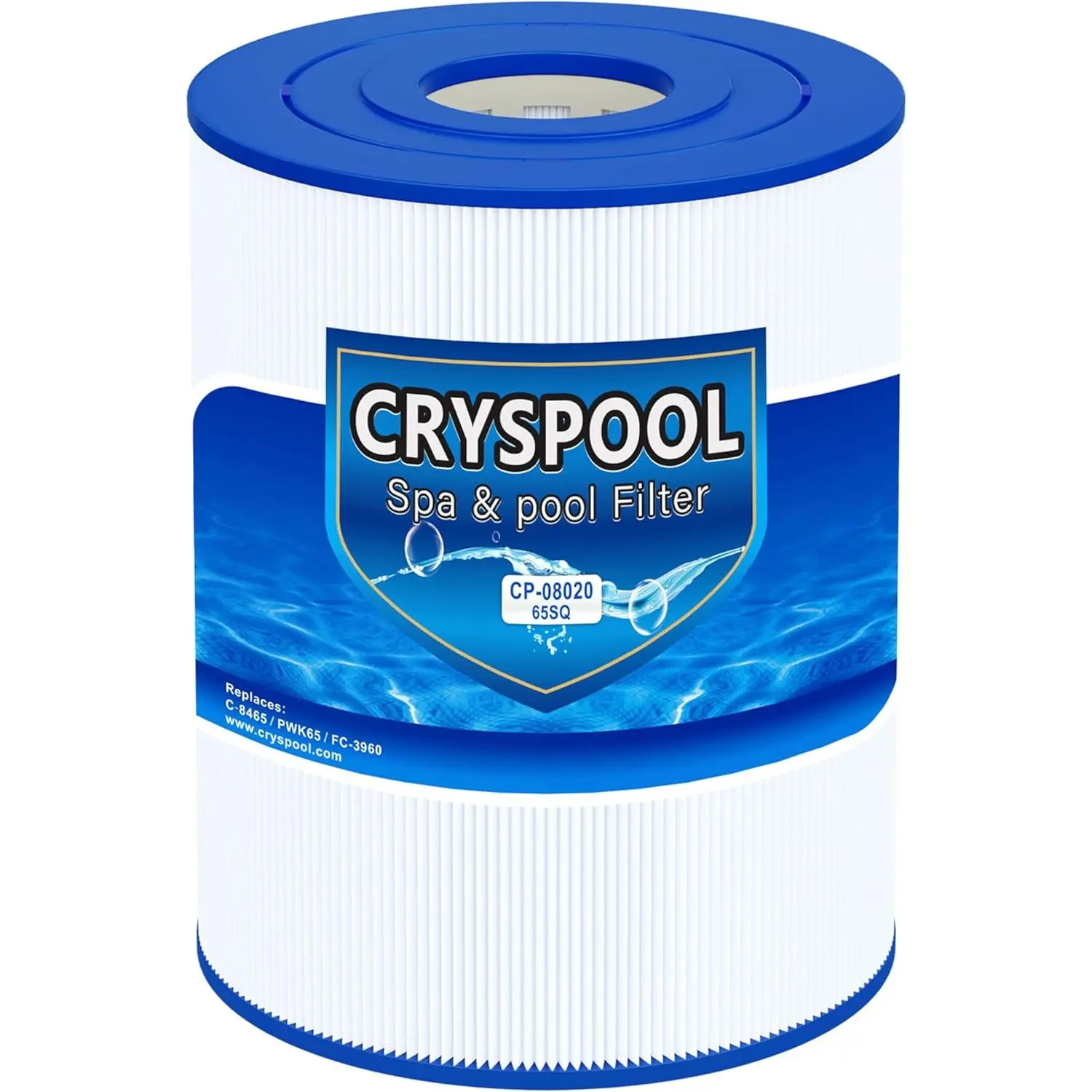 65 Sq. Ft. Cylinder Hot Tub Spa Filter Cartridge (1 Pack) - No Band to Hold Filter, Easy Cleaning, Compatible with Watkins 31114, C-8465, FC-3960, 71827, 71828, Cryspool, 3" Top/Bottom Opening, 10.5 In, Advanced Trilobal Fiber, Deep Filtration