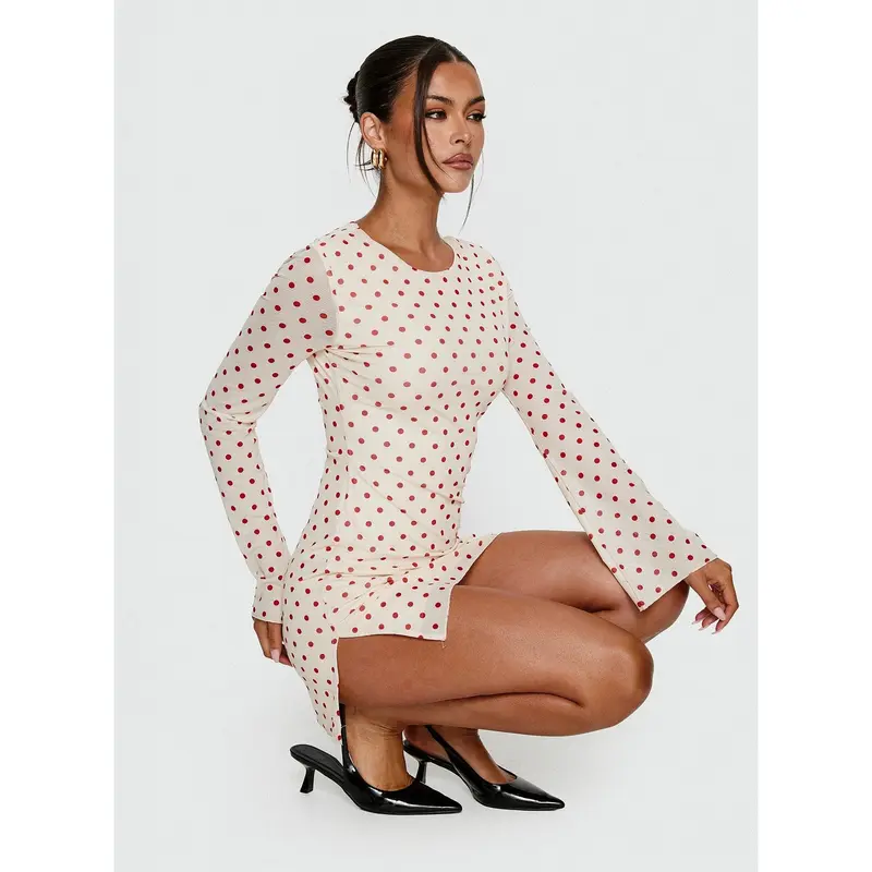Nyxia Long Sleeve Mini Dress Cream / Red Polka