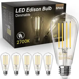Edison Light Bulbs 60W Equivalent, Dimmable Vintage LED Light Bulbs, E26 Medium Base, Warm White 2700K, ST58, 8W, 800LM, 80+ CRI, Antique Decorative Filament LED Bulb, Clear Glass, 6 Pack