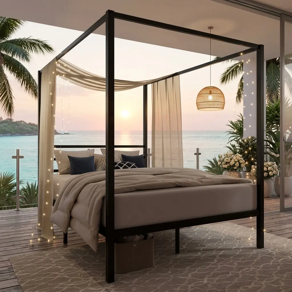 Black Iron 4-Poster Canopy Bed Frame - Full & Queen Sizes, Sturdy Metal Slats with Slat Spacing, 12.4in Underbed Storage, Noise-Free, No Box Spring Needed, Customizable Canopy Design, Easy Set-Up, Assembly Required for Bedroom Decor