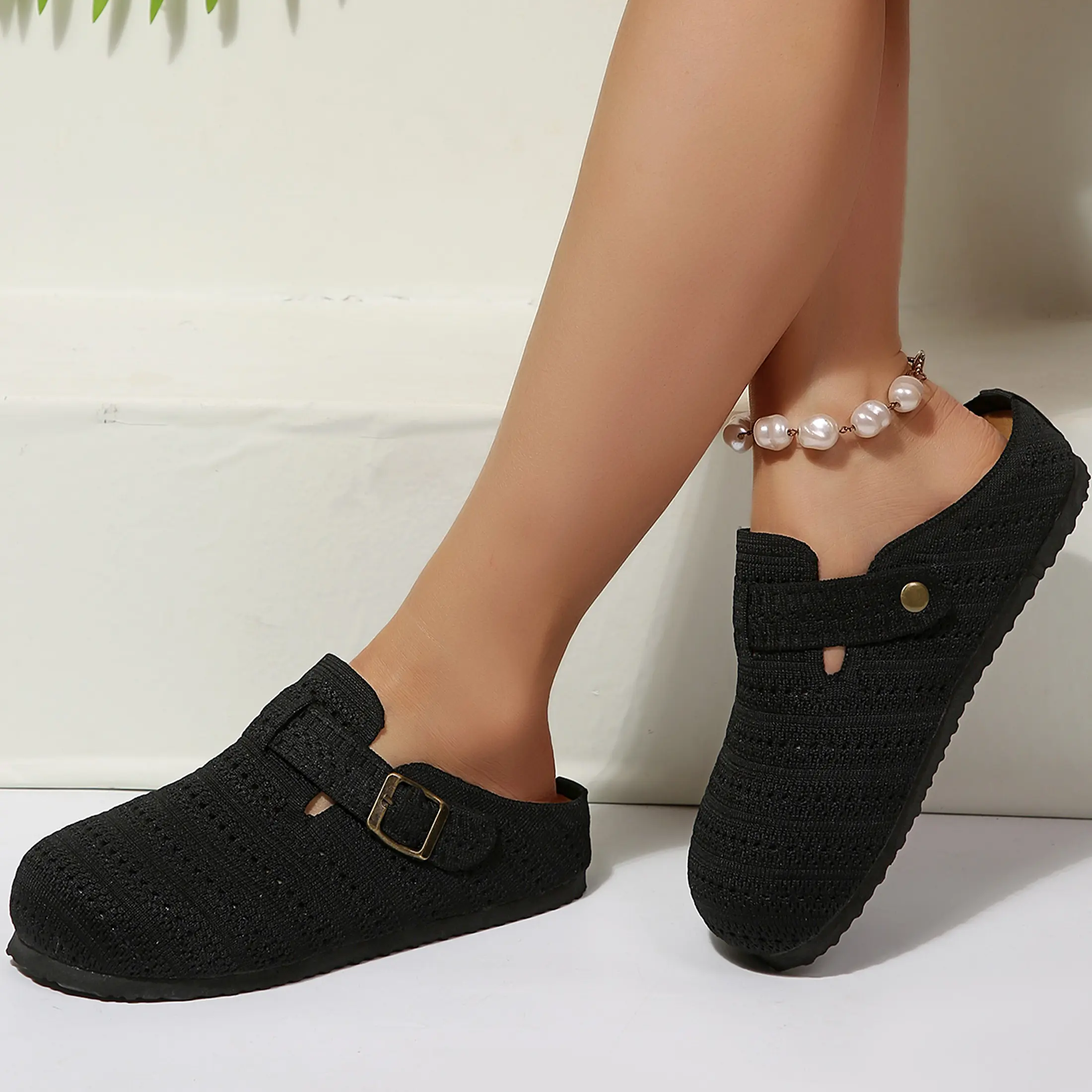 Women's Sandals Breathable Knit Clogs with Adjustable Buckle - Comfortable Slip-On Mules for Daily Wear
