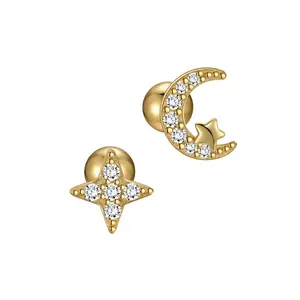 "Moon and Star" 14K Yellow Gold Plated Nap Earrings with CZ Stones Everyday Cartilage Helix Celestial Piercing Earrings